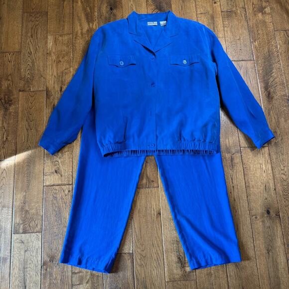 Natalie & Me Pants - VTG Natalie & Me 100% Silk Royal Blue Pants Suit and Blouse Set Womens Sz XL